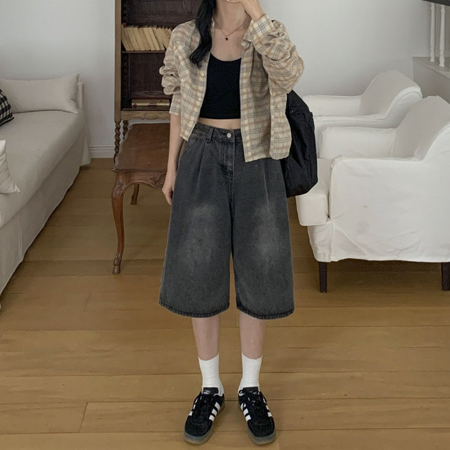 큐니티 남녀공용 와이드 데님 버뮤다 팬츠 5부 청반바지 빅사이즈 연청 중청