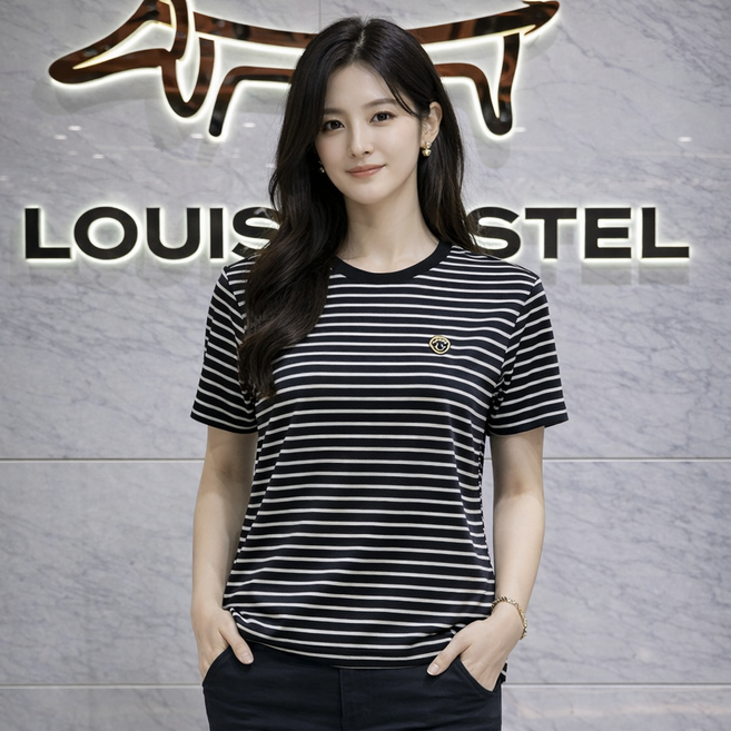 루이까스텔 [26년 여름 신상품 최저가] 여성 냉감원단 잔스트라이프 라운드반팔티셔츠 1/LO/TS/408/BCB