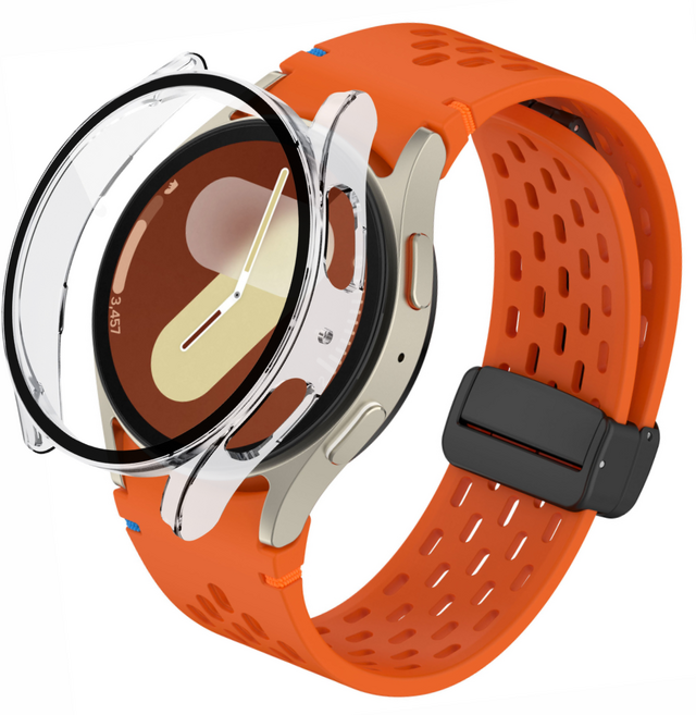 포근루프 갤럭시워치 호환 날개형 스포츠 실리콘 스트랩 타공 디버클 밴드 + PC 케이스, 오렌지 + 투명