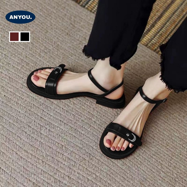 ANYOU 여성 샌들 여름 샌들 심플 슬리퍼 플랫 샌들
