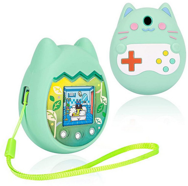 Meetikar Tamagotchi Pix 가상 애완동물 게임 기계와 호환되는 실리콘 커버 손가락 랜야드가 있는 다마고치 픽스용 보호 슬리브 픽스 장난감용 소프트 커버 (블, 초록색