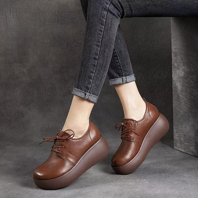 AOKADA 중년 여성 통굽 웨지힐 가죽 구두 단화 발편한 작업화