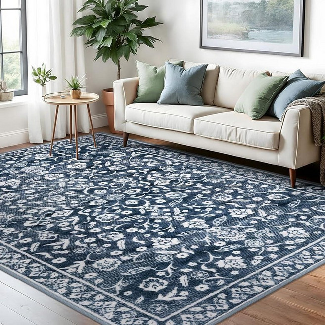 SILOLOOM Navy Round Rug 6 Ft Rugs for Entryway Washable Circle Rug Non Slip Round Living Room Rugs, 네이비 및 화이트
