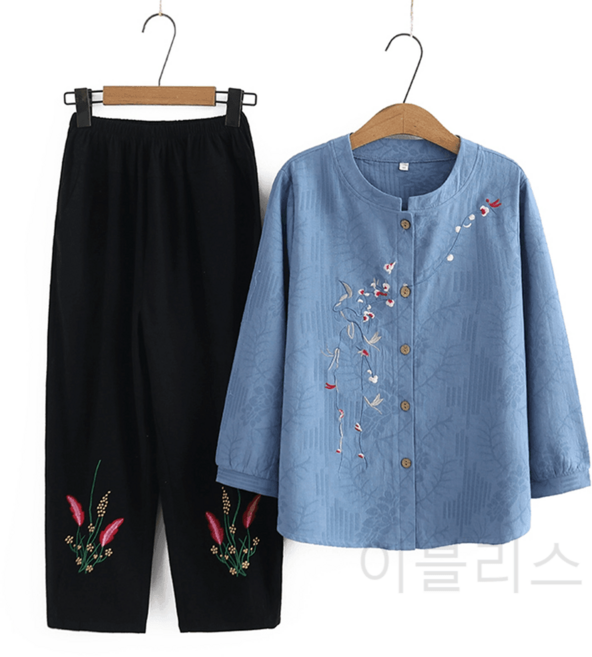 퓨전 생활 개량한복 가을 중년 상의 여성 여자 상하의 세트 전통 티셔츠 복고풍 자수 엄마옷