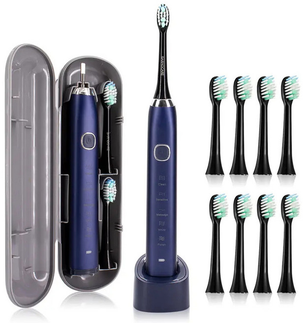 SAYOONE 聲波震動智慧牙刷 5種潔牙模式 42000次震頻 IPX7防水 感應充電 附旅行盒與8刷頭 星河藍, 1個