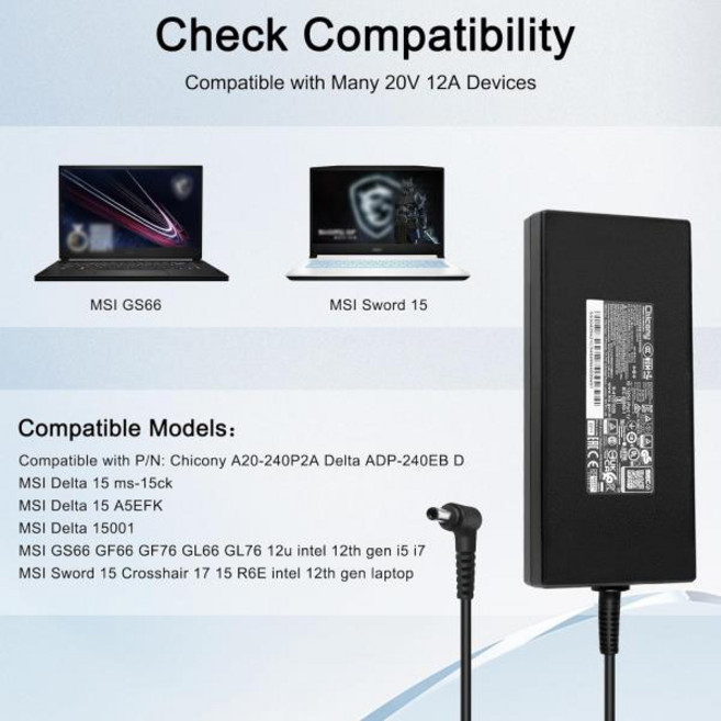 MSI 델타 15 15 A5EFK 15001 GF66 GF76 GL66 GL76 12U 소드 십자선 17 용 240W 20V 12A 노트북 전원 어댑터 충전기, [01] without AC Cable, 1개