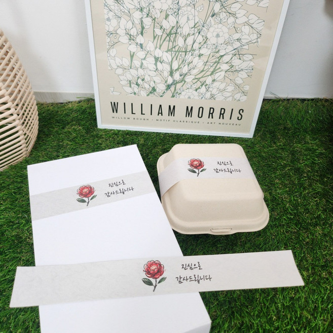 핸드 메이드 땡큐 도시락 띠스티커 띠지 스티커 포장 데코 롱타입, 60개, 5. 동백 띠스티커