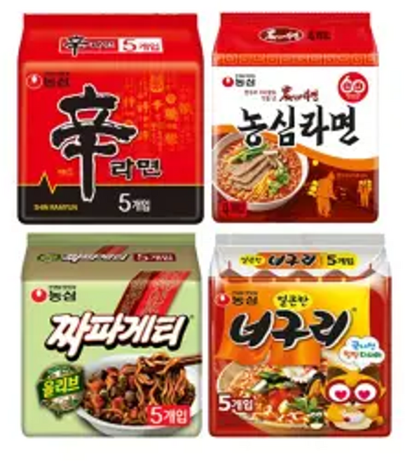 농심 농심라면 124g 4입 1개 + 신라면 120g+얼큰한 너구리 120g+짜파게티 120g 각 5개 (총 19개), 농심 농심라면 124g 4입 1개 + 신라면 120g+