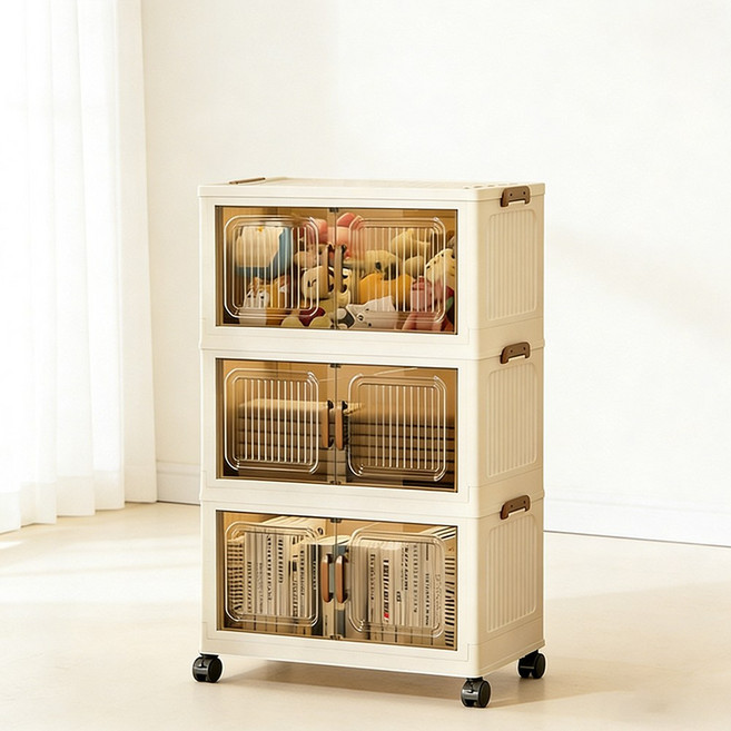 Frokom 이동식 폴딩 수납장 폭 55cm 리빙박스 접이식 바퀴 수납함 다용도 정리함, 투명 갈색, 3단