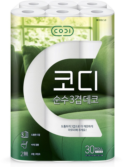 코디 순수 3겹 롤화장지 30m, 30롤, 3개