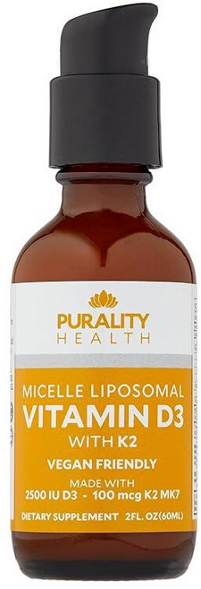 PURALITY HEALTH 비타민 D3 K2 액체 보충제 비건 미셀 리포솜 흡수 향상 GMO 프리 30일 분량, PURALITY HEALTH 비타민 D3, K2 액체, 1개