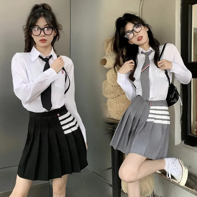 언니아라 여아 가을겨울 스쿨룩 면 기본 흰셔츠 주름치마 넥타이 3종세트복 x29