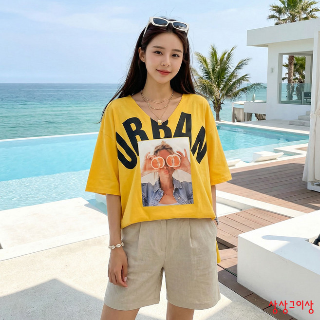 상상그이상 여성용 프린팅 오렌지걸 컷팅 유넥 오버핏 반팔 티셔츠