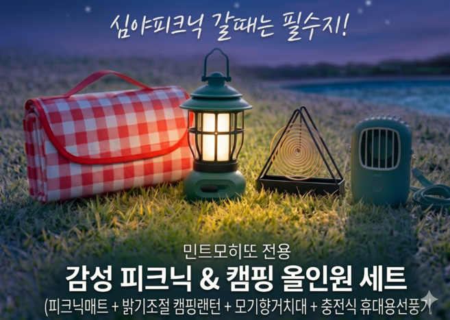 민트모히또 감성 피크닉세트 캠핑 올인원 세트 (피크닉매트 + 밝기조절 랜턴 + 모기향거치대 + 충전식 휴대용선풍기), 멀티