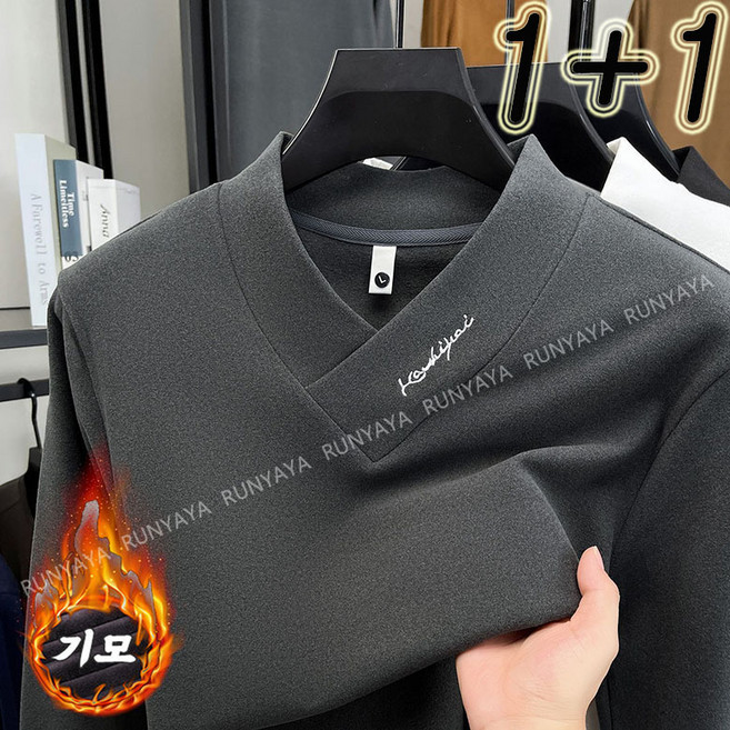 1+1/2벌 브이넥 양면 덕기모 남성 긴팔 티 보온성 좋고 발열 따뜻한 남성 쫄티 상의 편하게 슬림핏 티셔츠 빅사이즈 M-4XL