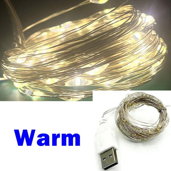 10 20M USB 실버 방수 웨딩 랜드 구리 크리스마스 장식 파티 LED 와이어 문자열 조명 요정, 1개, 28) 웜 화이트 - 5m-By USB