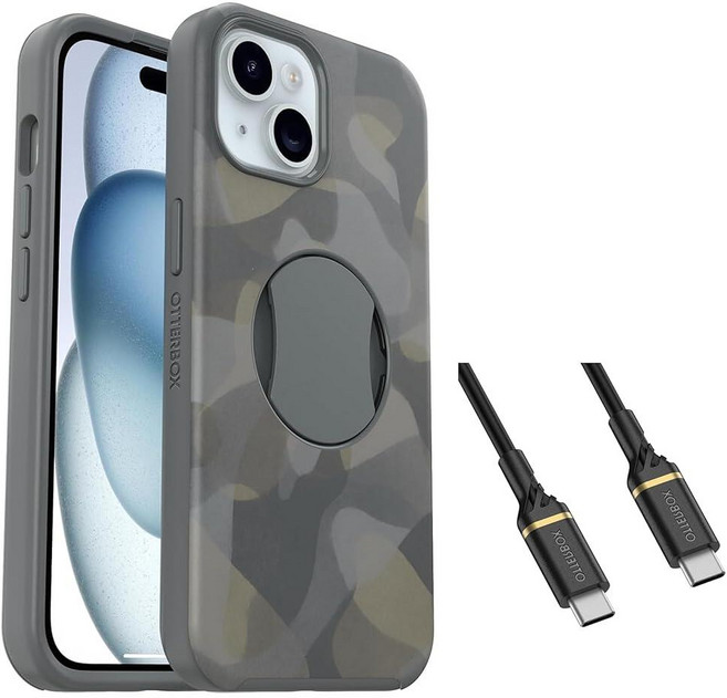 OtterBox OtterGrip Symmetry 시리즈 케이스 맥세이프 포함 아이폰 15 14 및 13용 USB-C to 케이블 포함 - 비소매 포장 아이언 카모, OtterBox OtterGrip Symmetry 시리