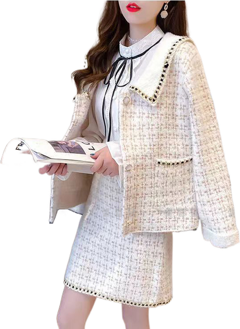 셀럽당 투피스 여 추동 슬림 체크 세트 쇼트 코트 하프 스커트