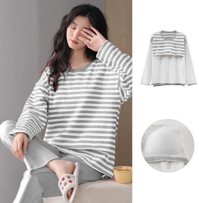 NUNUHANA여성파자마 순면 긴팔잠옷 상하세트 패드 내장