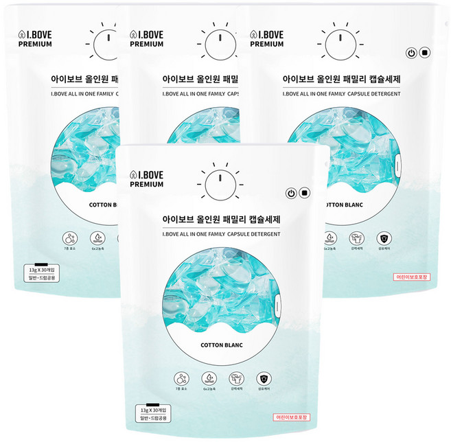 아이보브 프리미엄 코튼블랑 올인원 패밀리 캡슐세제, 30개입, 4개