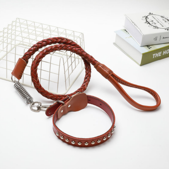 [루빈스] 대형견 꽈베기 가죽 목줄 세트 강아지목줄 천통줄, 1개, 브라운