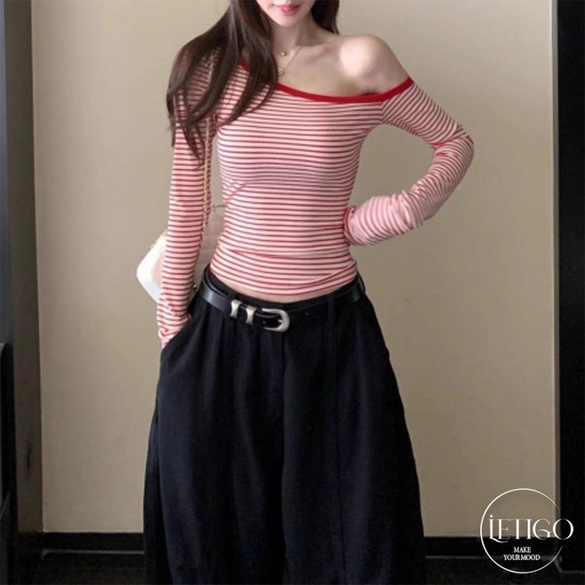 레티고 힙글램 스트라이프 원숄더 오프숄더 크롭 긴팔 티