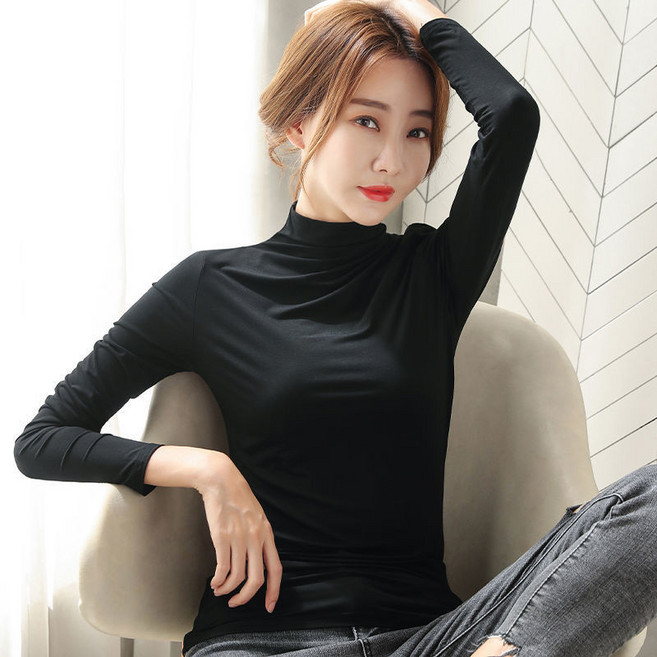 莫代爾半高領打底衫 女薄款長袖T恤