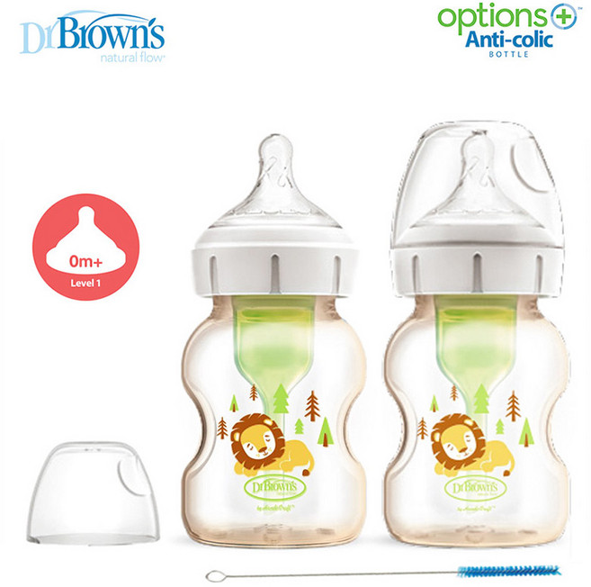 닥터브라운 플러스 PPSU 와이드넥 라이온 젖병 2P (1단계 젖꼭지포함)+클리닝브러쉬1P, 데코 라이언, 2개, 150ml