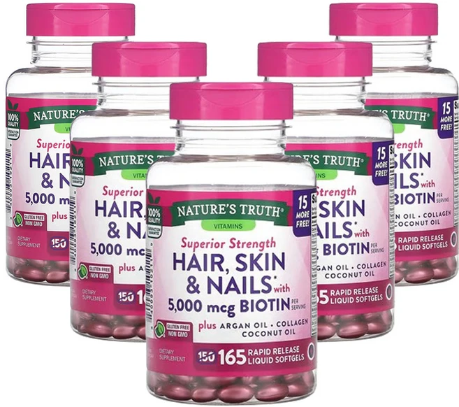 네춰스 트르스 비오틴 함유 모발 피부 & 손발톱 5 000mcg 속방형 액상 소프트젤 165정, 5팩 - 쿠팡
