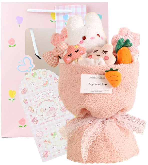 애니멀 인형 꽃다발 종이가방 세트 졸업 입학 학예회 생일 여자친구 선물, 1개, 파스텔 핑크 토끼