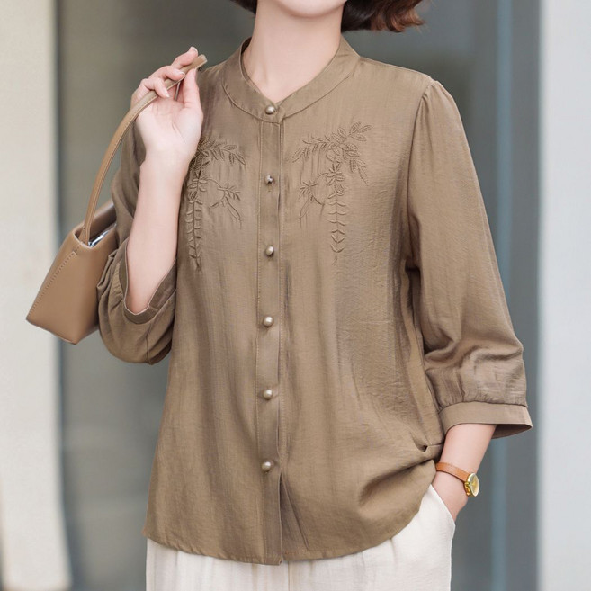 Makone 여성 린넨 7부 소매 시크 중년 엄마 셔츠 캐주얼 솔리드 자수 블라우스
