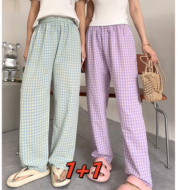 빅사이즈 [1+1] 9부 체크 패턴 파자마 바지 세트