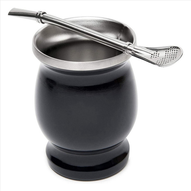yerba mate 조롱박 세트 이중 벽 스테인레스 스틸 메이트 티 컵과 봄빌라 8 온스 Bombillas yerba mate 빨대 - 검은 색, 검은색
