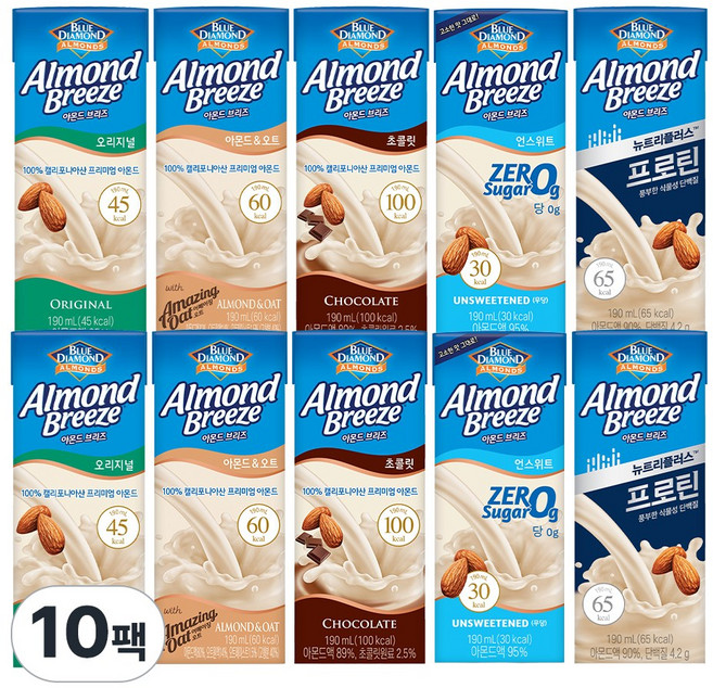 아몬드브리즈 5종 2개씩(오리지널+오트+초콜릿+언스위트+프로틴)단일상품, 10개, 190ml