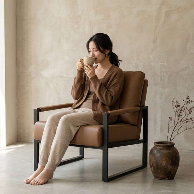 하루꿈 쇼파 의자 감성 거실 사무실 비즈니스 소파 가죽 소파형 편한 의자 체어, 브라운, 1개