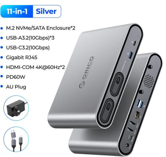 ORICO 2 베이 M.2 SSD 외장 케이스 USB3.2 도킹 스테이션 10Gbps C타입 NVMe SATA 인클로저 M2 하드 드라이브 4K60Hz 트리플 디스플레이, 03 USB 3.2  (10Gbps), 1개