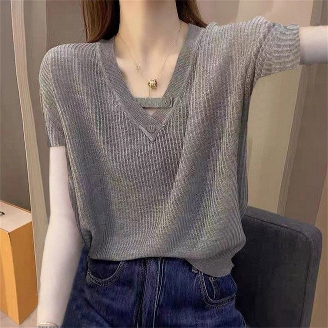 TKX 여성 브이넥 포인트 반팔 니트 상의 데일리 여름 캐주얼 루즈핏 웨어 티셔츠