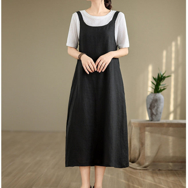 POMTOR 여성 여름 빅사이즈 루즈핏 면마 포켓 멜빵 롱 원피스