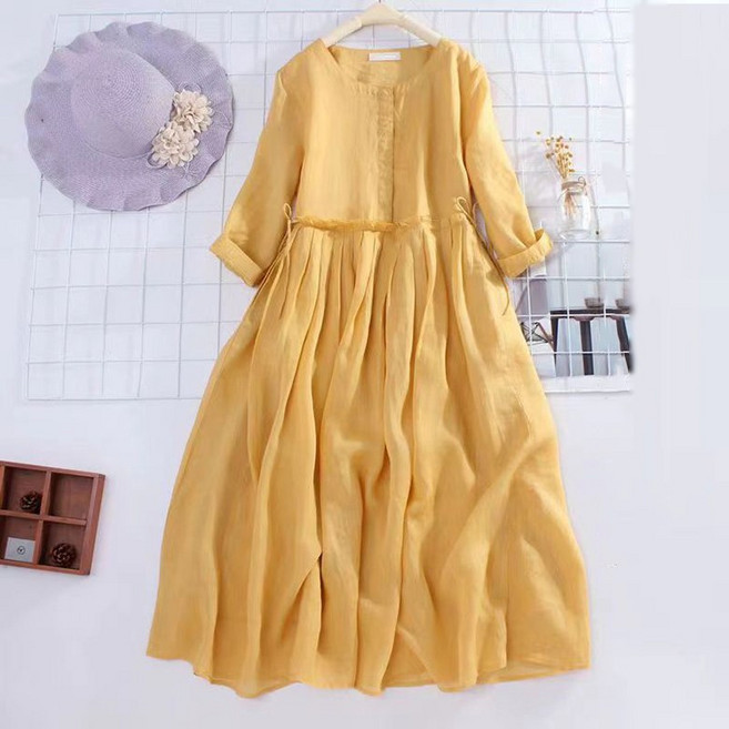 POMTOR 여름 린넨롱원피스 중년여성 기질 시원 편안 면마 원피스 엄마 루즈핏 휴양지원피스