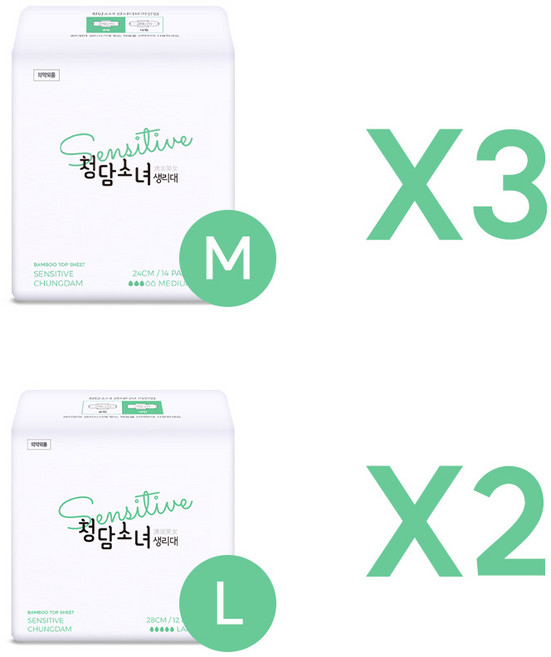 청담소녀 센서티브 생리대 중형3팩 + 대형2팩, 5개