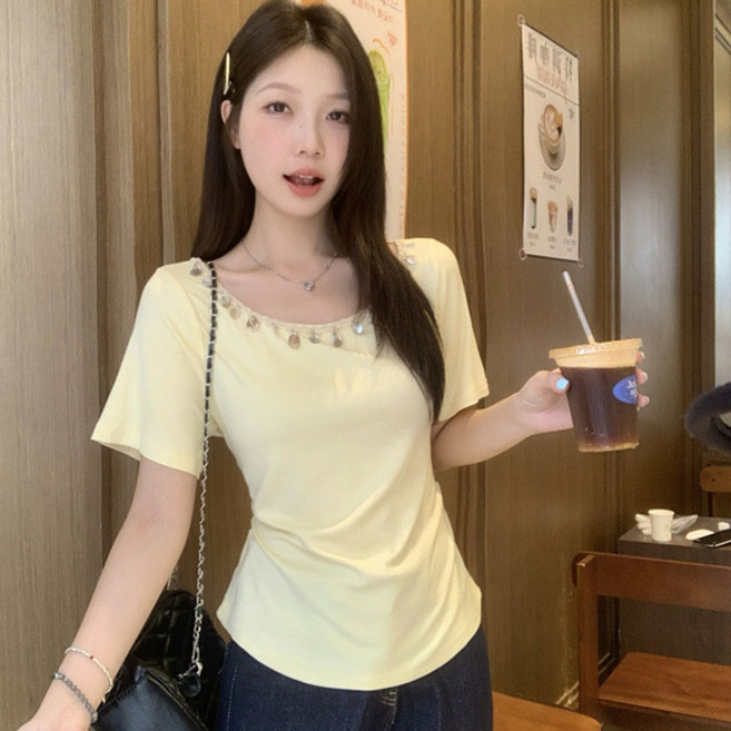 FANSYLI 여름 수술 반팔 티셔츠 여성 빅사이즈 보헤미안 반팔 티셔츠 라운드 캐주얼 심플 톱 W2507J01