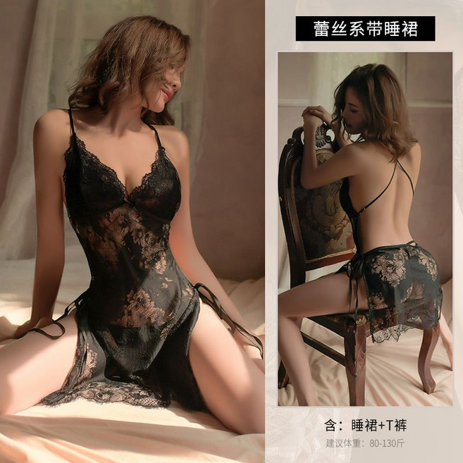 蕾絲睡衣+T褲組，性感誘惑，小胸顯大, 1個, 蕾絲系帶情趣睡衣【黑】誘惑之夜【內衣+T褲】