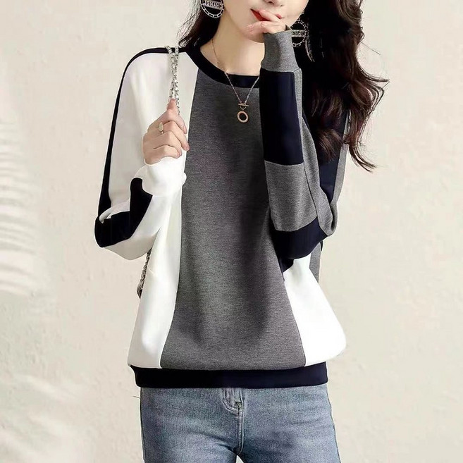 ROYALBELLE 여성 트렌디 데일리 맨투맨 긴팔 배색 티셔츠 라운드넥 루즈핏 Y070801