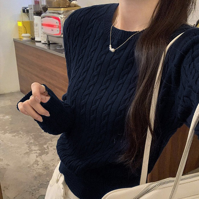 cammello 허리잘록핏 라운드넥 꽈배기 기본핏 니트 여성 긴팔 니트티