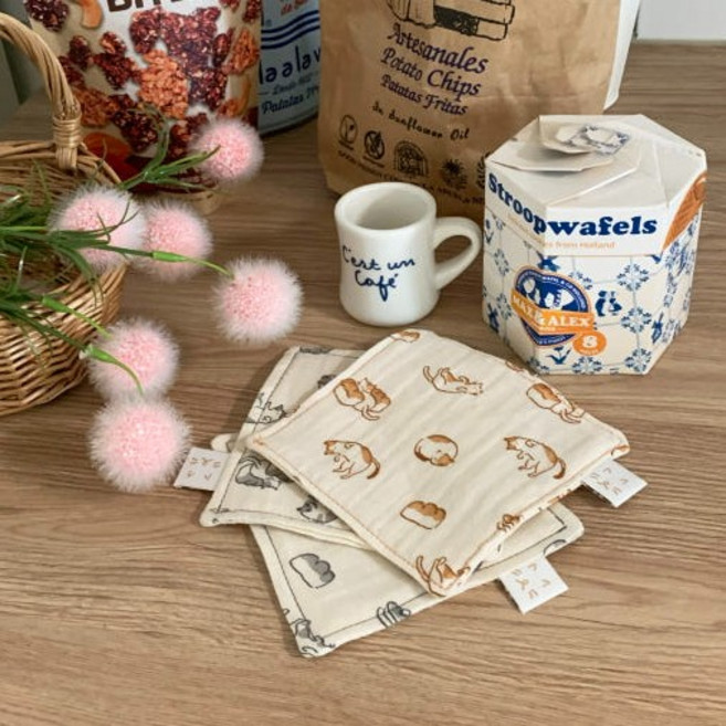 캣캣 티코스터 고양이 패브릭 코스터 컵받침 감성소품 핸드메이드 거즈 천 컵, 참깨, 1개