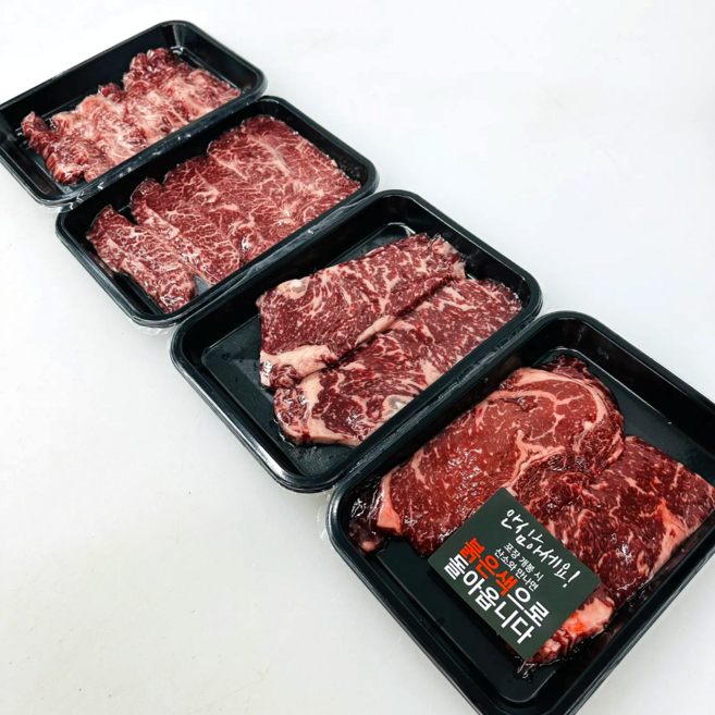 한우 [산지직송]영주 소백산 1+등급 한우 모듬 구이 세트 (등심200g+채끝200g+갈비살200g) 1세트, 1개, 400g