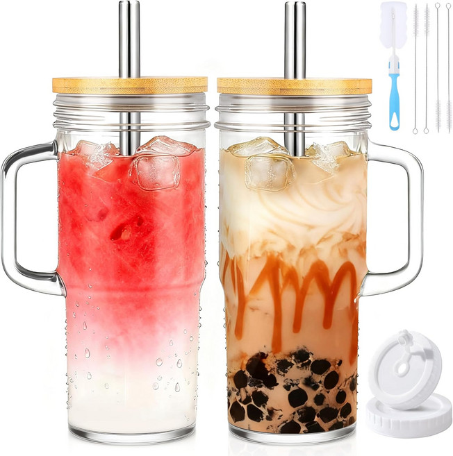 뚜껑과 빨대가 있는 Birity 24oz 유리컵 손잡이가 유리 텀블러 스무디 차 주스 보바 컵 차가운 음료와 뜨거운 음료 여행용 재사용 가능한 스 커피 2세트, 40 oz 1 pcs