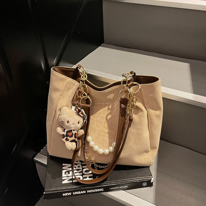 女包 百搭通勤質感珍珠鏈條大容量休閒單肩托特包, 1個, 奶杏豹紋【升級款加厚耐磨】包包+珍珠鏈