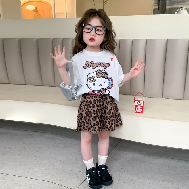 SFYJ 산리오 여아 키티 반팔세트 여름 아기 티셔츠 리틀걸 레오파드 반바지 투피스