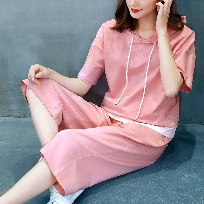 드마엘_트리치 데일리 레이어드 후드 반팔 7부 바지 세트